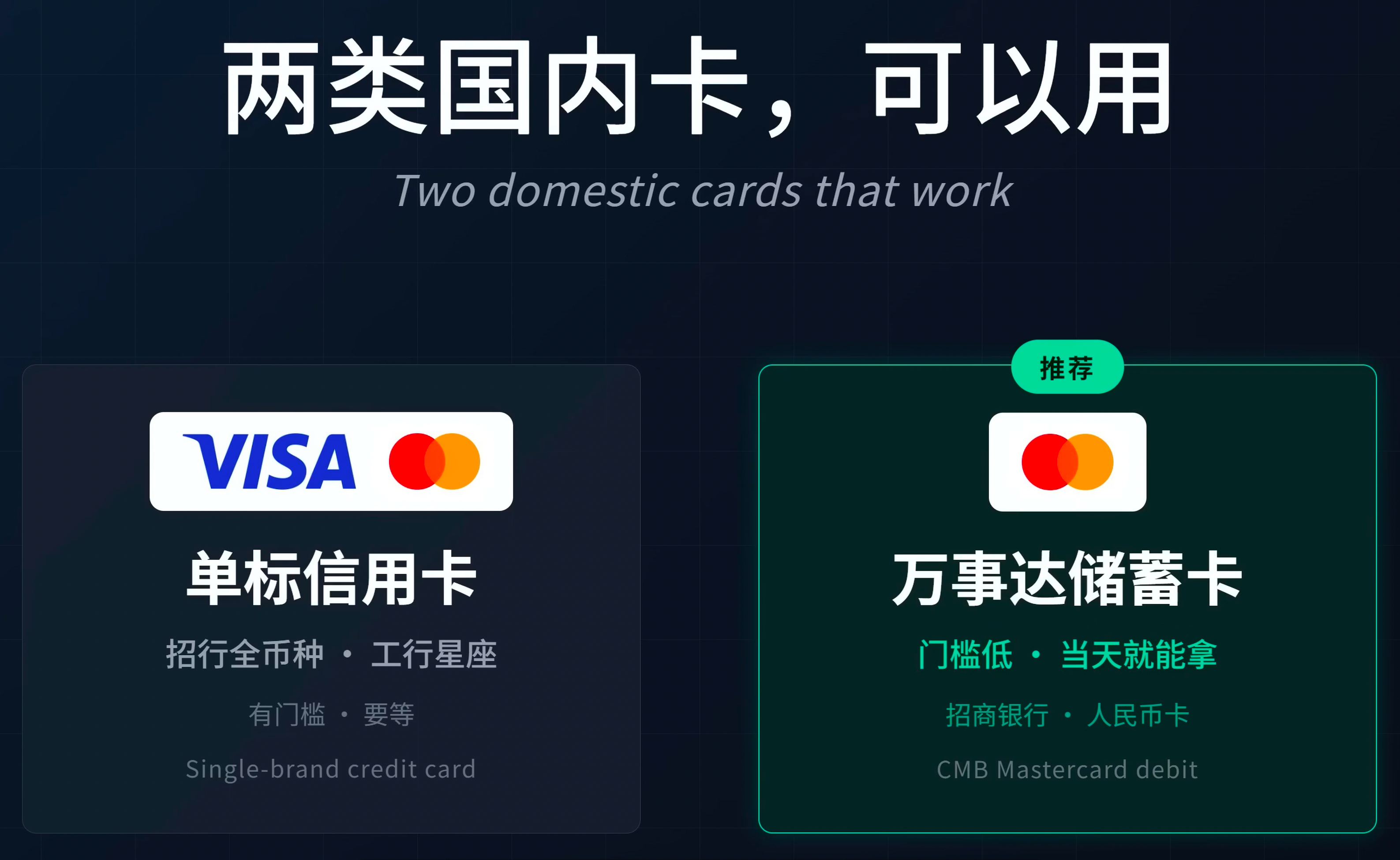 国内可尝试的 Visa 或 Mastercard 单标信用卡&招商银行万事达人民币 IC 借记卡普卡