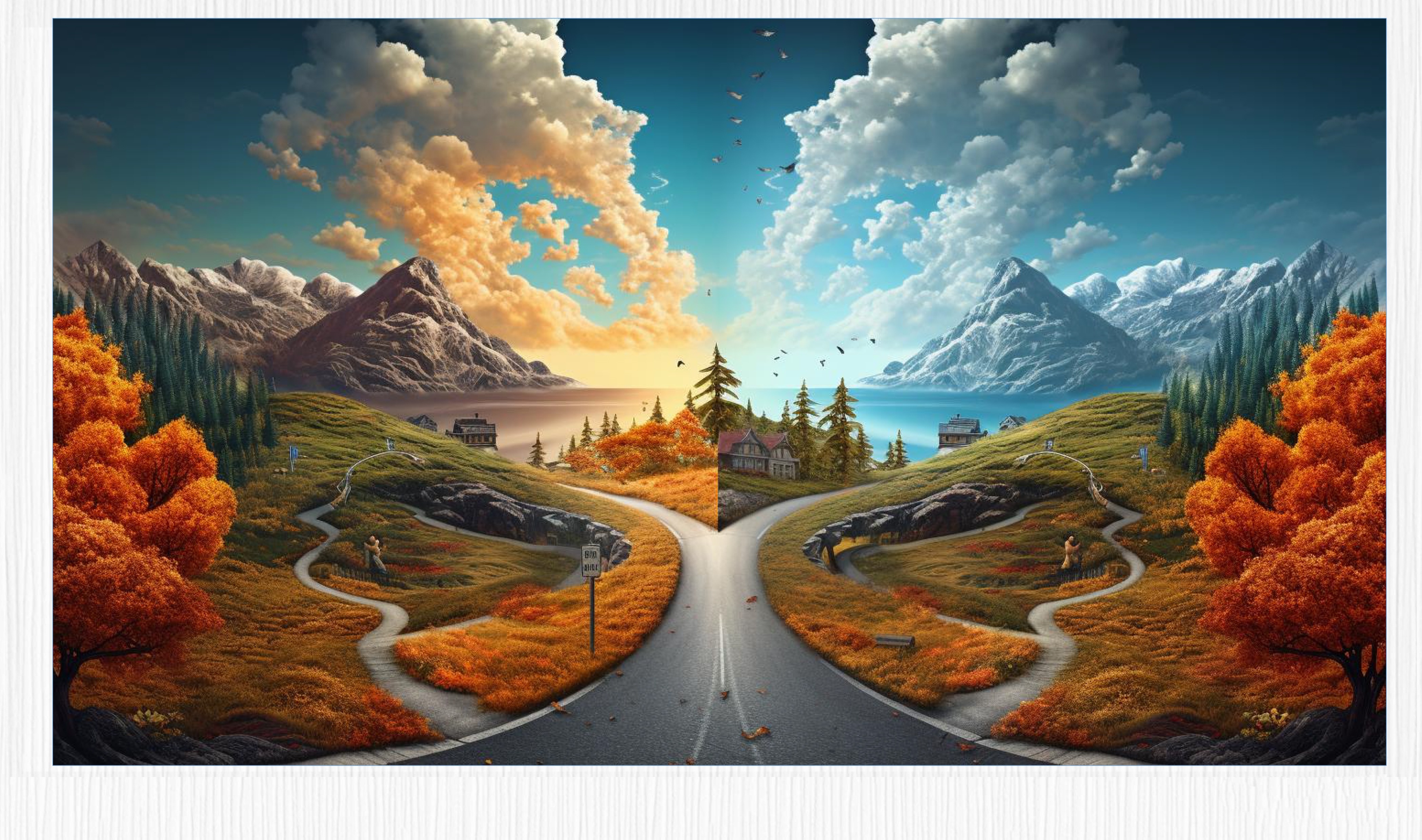 A main road is divided into two small roads, and the scenery of the two roads is different --no broken road --ar 16:9