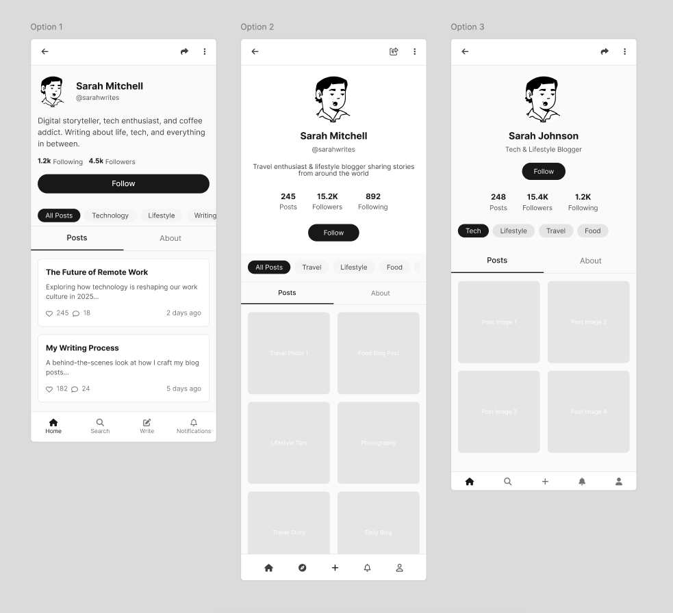 Profile page design options from UX Pilot