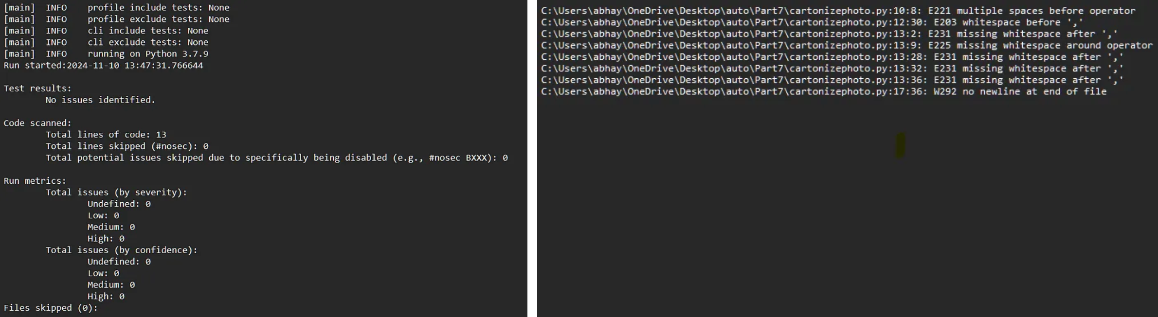 Generated Logs for one of my old script that cartoonize an given image — Bandit vs Flake8 — Screenshot By Author