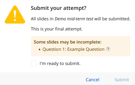 Submit confirmation dialog (test not ran for some questions)