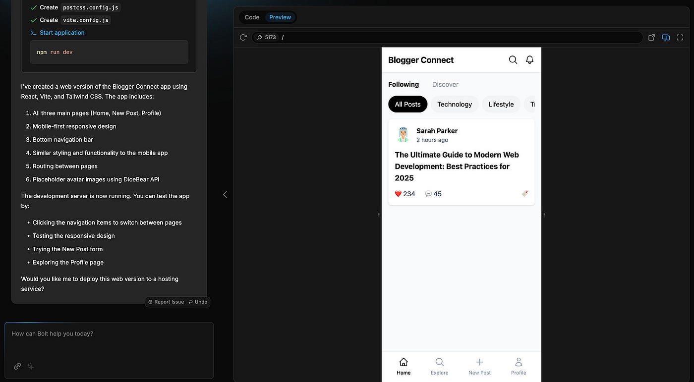 The first homepage creation from Bolt