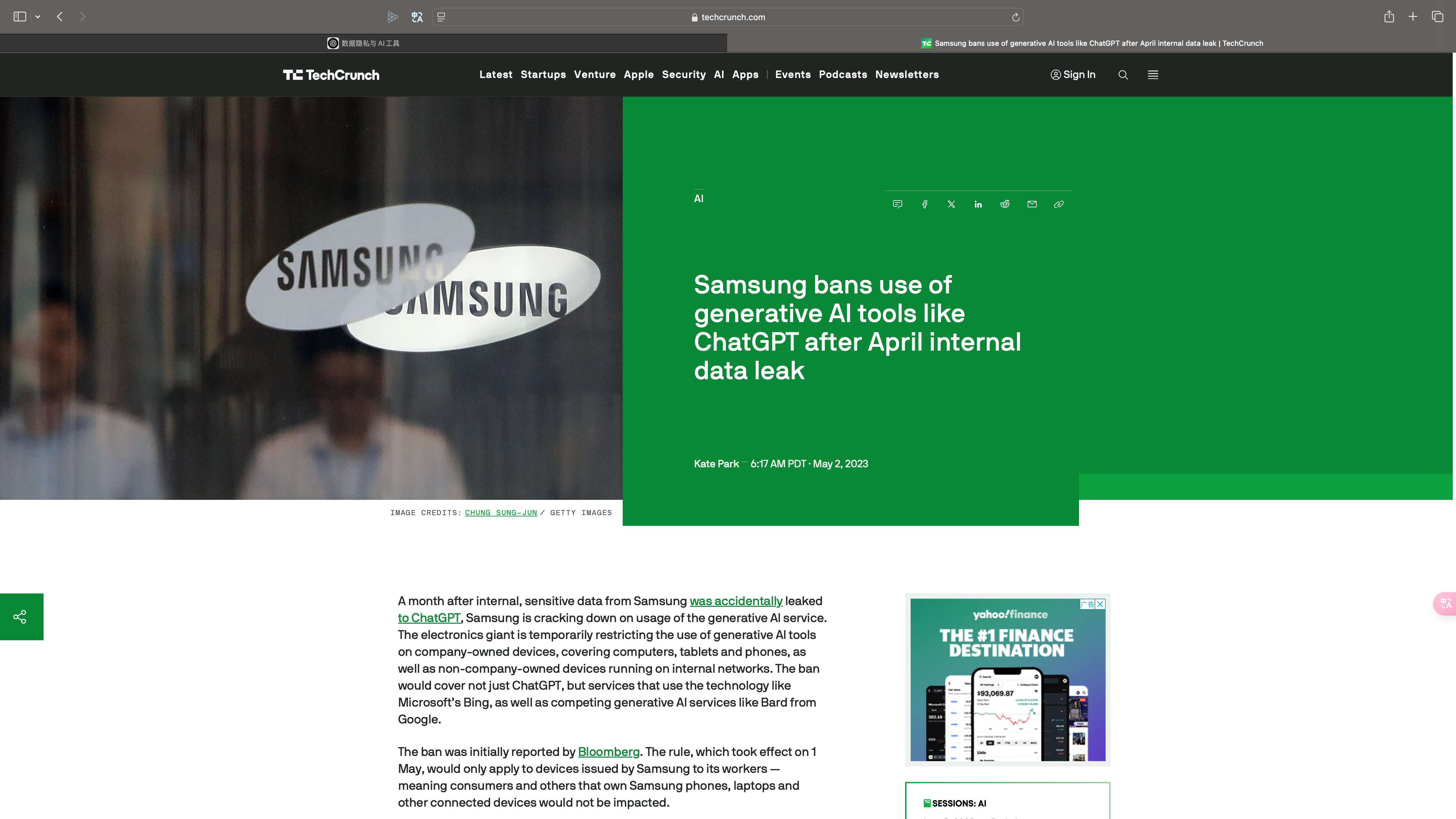 https://techcrunch.com/2023/05/02/samsung-bans-use-of-generative-ai-tools-like-chatgpt-after-april-internal-data-leak/